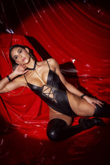 Mapale 2825 Wet Black High-Leg Lace-Up Bodysuit Color Wet Black
