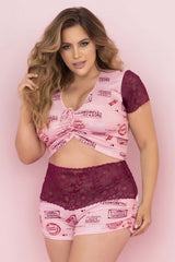 Mapale 7414X Two Piece Pajama Set. Top and Shorts Color Rose-Burgundy