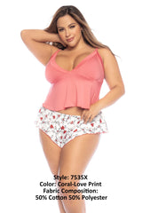 Mapale 7535X Two Piece Pajama Set Top and Shorts Color Coral-Love Print