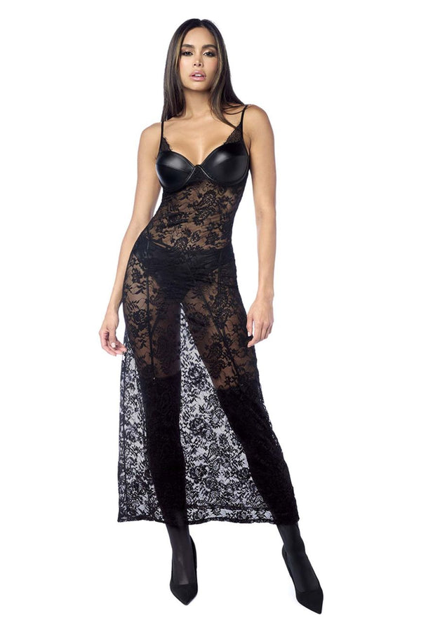 Mapale 7616 Long Gown with matching Panty Garter Belt Color Black