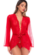 Mapale 7639 Elegant Sheer Robe with Matching Thong Color Red