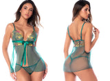 Mapale 7645 Elegant Floral Embroidered Babydoll with Matching Thong in Aurora Green Color Aurora Green