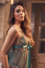 Mapale 7645 Elegant Floral Embroidered Babydoll with Matching Thong in Aurora Green Color Aurora Green