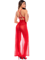 Mapale 7649 Seductive Long Gown with Matching Thong in Bold Red Color Red