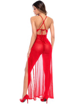 Mapale 7649 Seductive Long Gown with Matching Thong in Bold Red Color Red