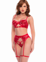 Mapale 80053 Three Piece Exotic Lingerie Set in Scarlet Red Color Scarlet Red