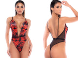 Mapale 80057 Sensual Floral Teddy in Black-Red Color Black-Red