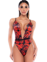 Mapale 80057 Sensual Floral Teddy in Black-Red Color Black-Red