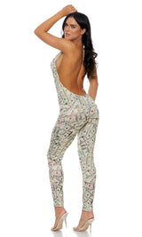 Money Print Jumpsuit with Adjustable Haltered Tie - Cream