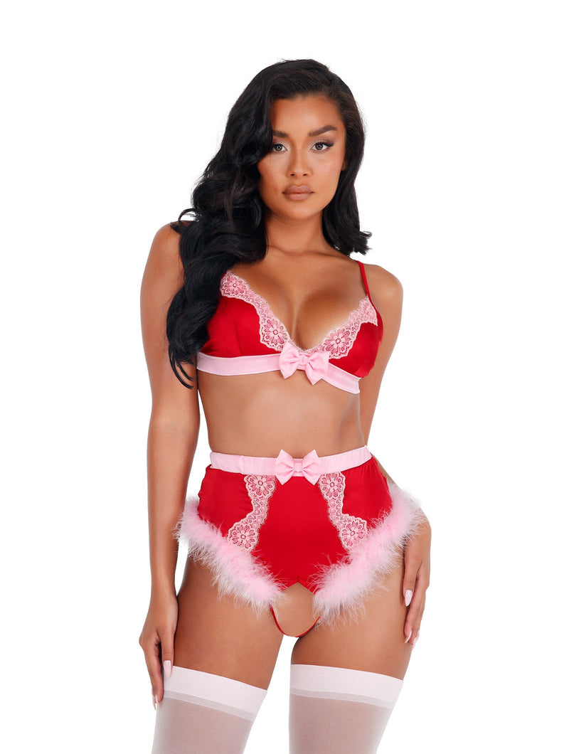 LI424 - 2pc Lace & Satin Marabou Bra Set